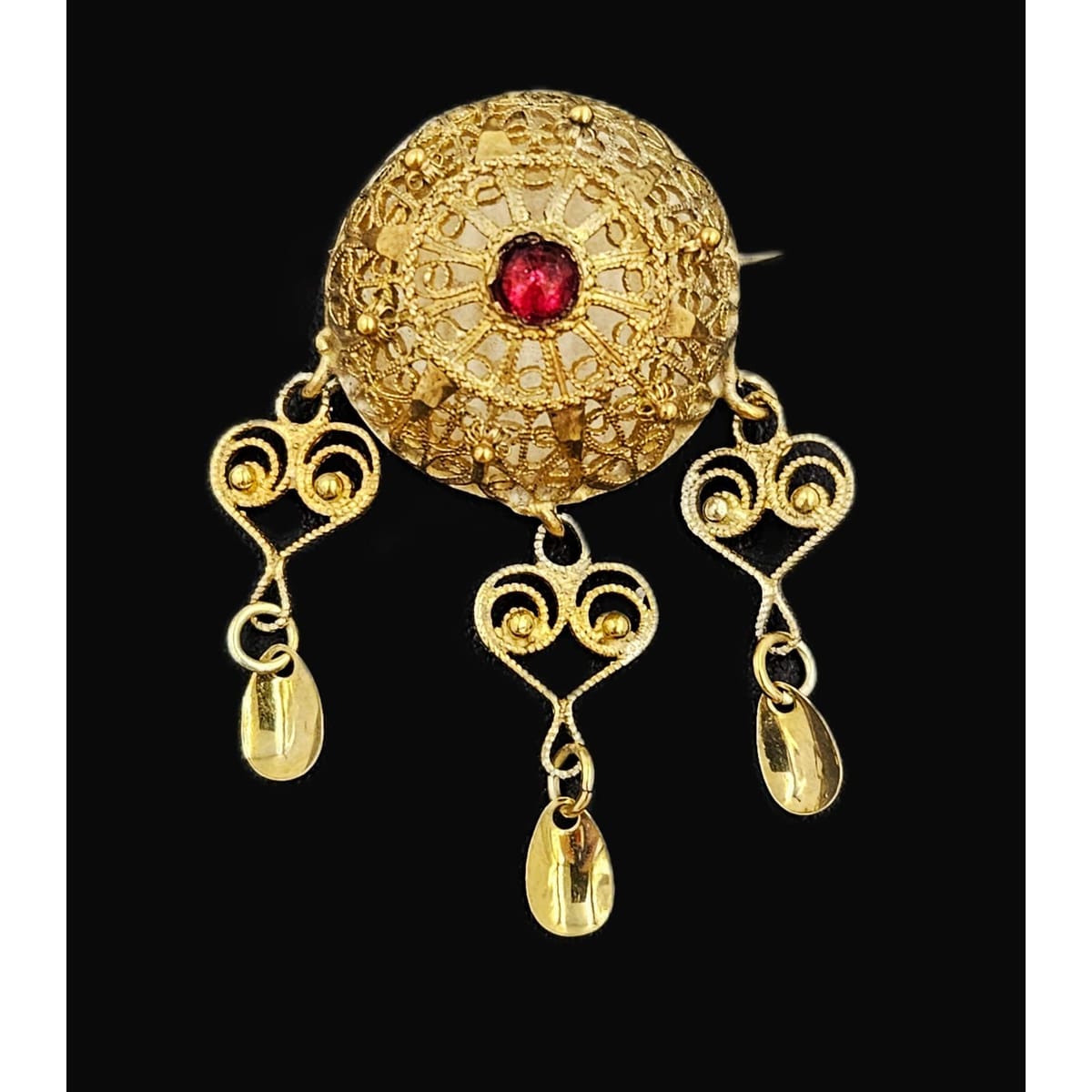 MCM Sterling Garnet Solje Jewelry MCM Scandinavian Gilt Sterling Domed Filagree Solje Brooch w/Garnet Stone