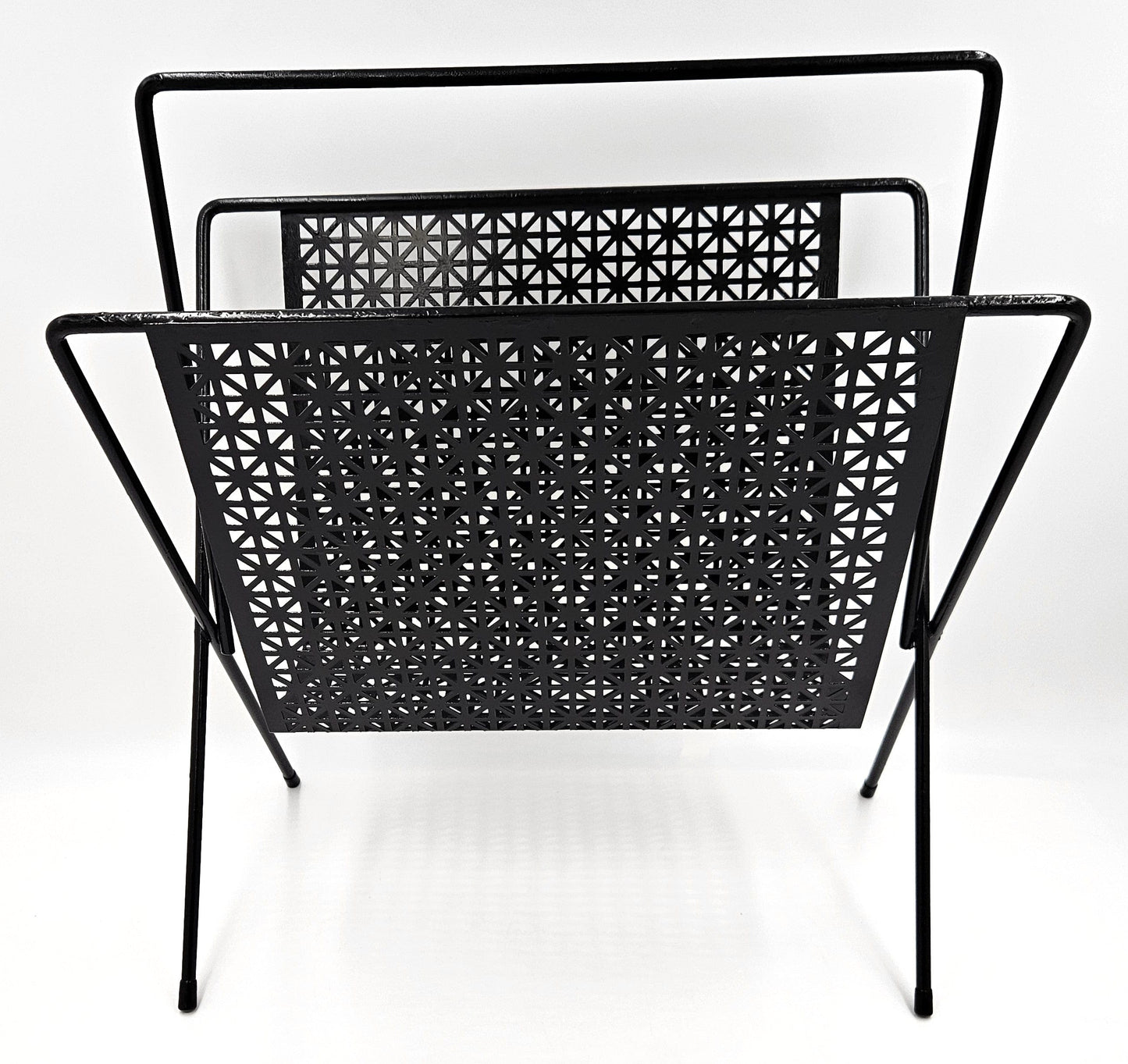 MCM Wrought Iron Rack Magazine Rack Mid Century Modern Black Wrought Iron Magazine LPs Records Holder C. 1950s