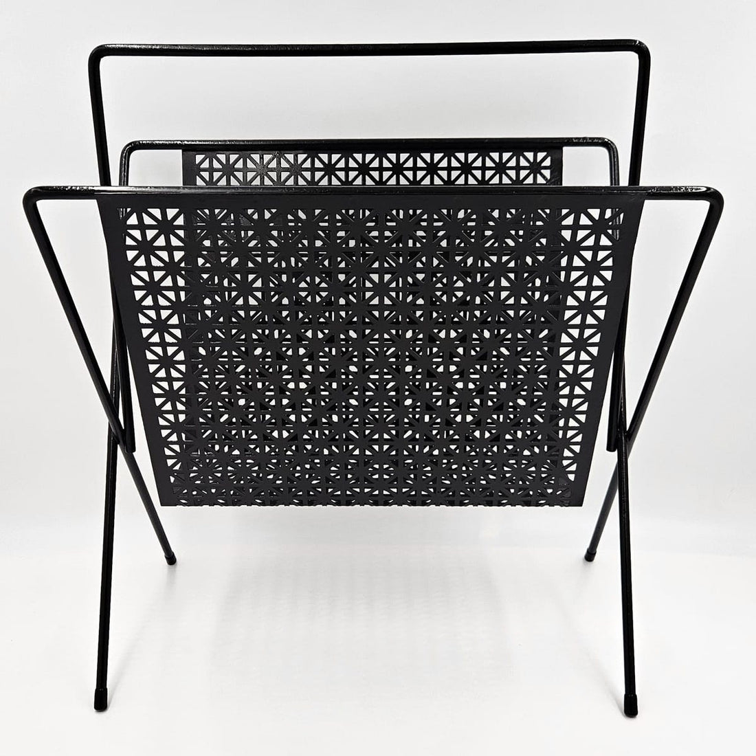 MCM Wrought Iron Rack Magazine Rack Mid Century Modern Black Wrought Iron Magazine LPs Records Holder C. 1950s