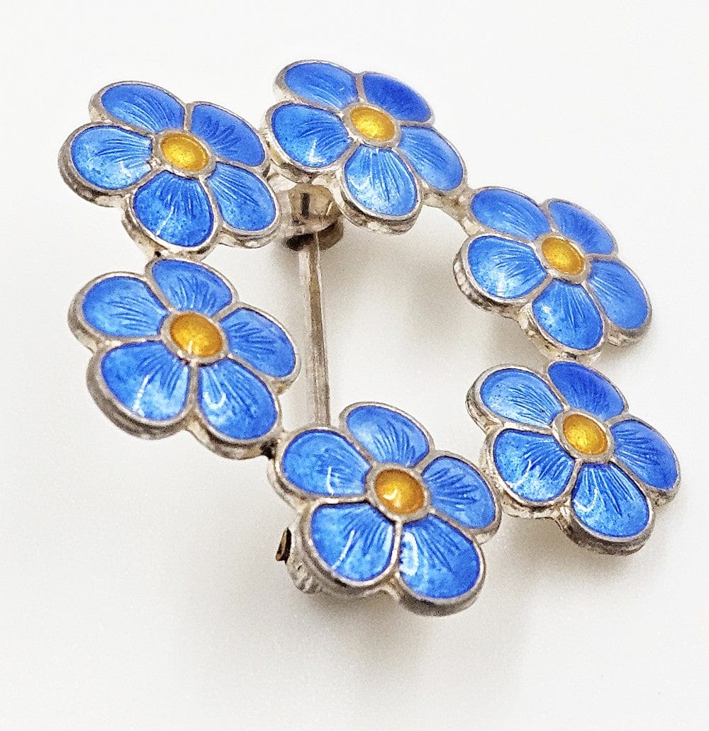 Meka Jewelry Meka Denmark Gilt Sterling Guilloche Enamel Forget Me Not Flowers Brooch