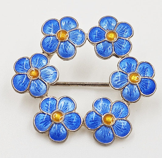 Meka Jewelry Meka Denmark Gilt Sterling Guilloche Enamel Forget Me Not Flowers Brooch