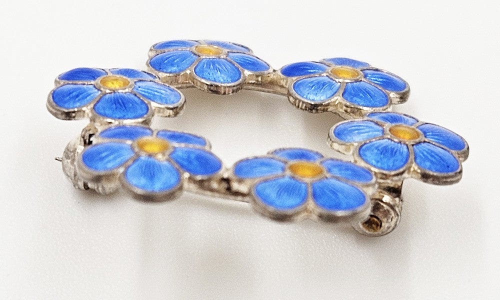 Meka Jewelry Meka Denmark Gilt Sterling Guilloche Enamel Forget Me Not Flowers Brooch