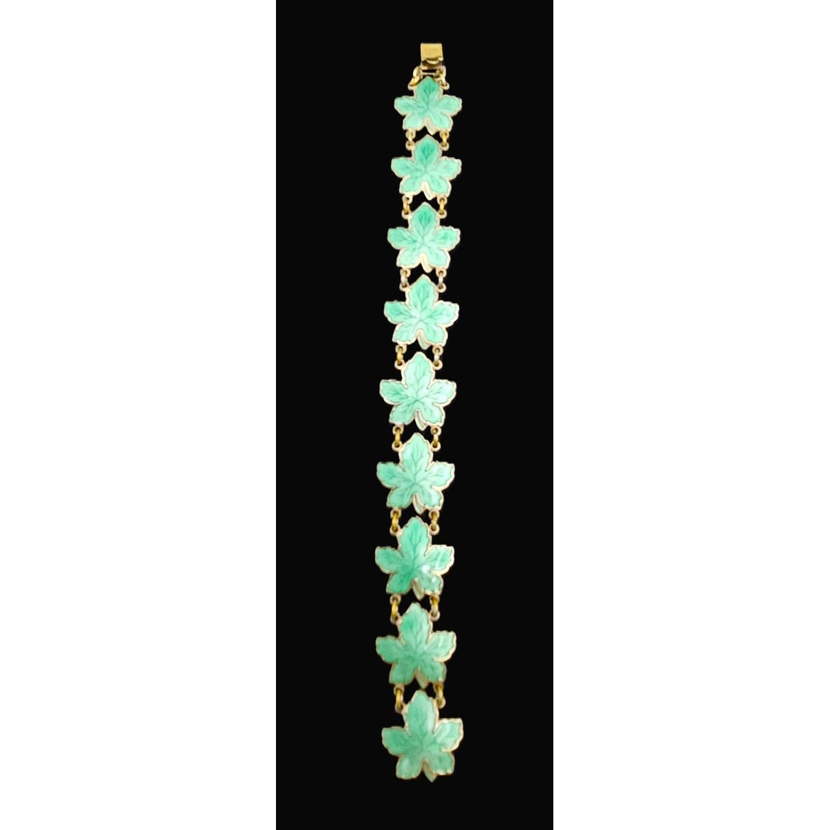 Meka Jewelry Meka Denmark Sterling + Green Enamel Maple Leaves Bracelet 1950s