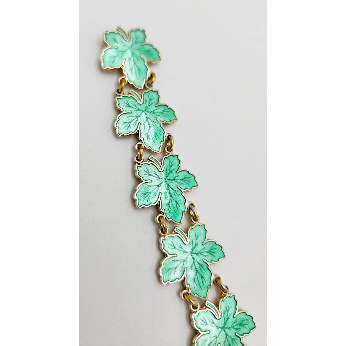 Meka Jewelry Meka Denmark Sterling + Green Enamel Maple Leaves Bracelet 1950s