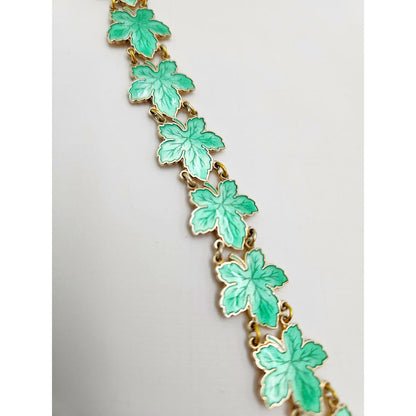 Meka Jewelry Meka Denmark Sterling + Green Enamel Maple Leaves Bracelet 1950s