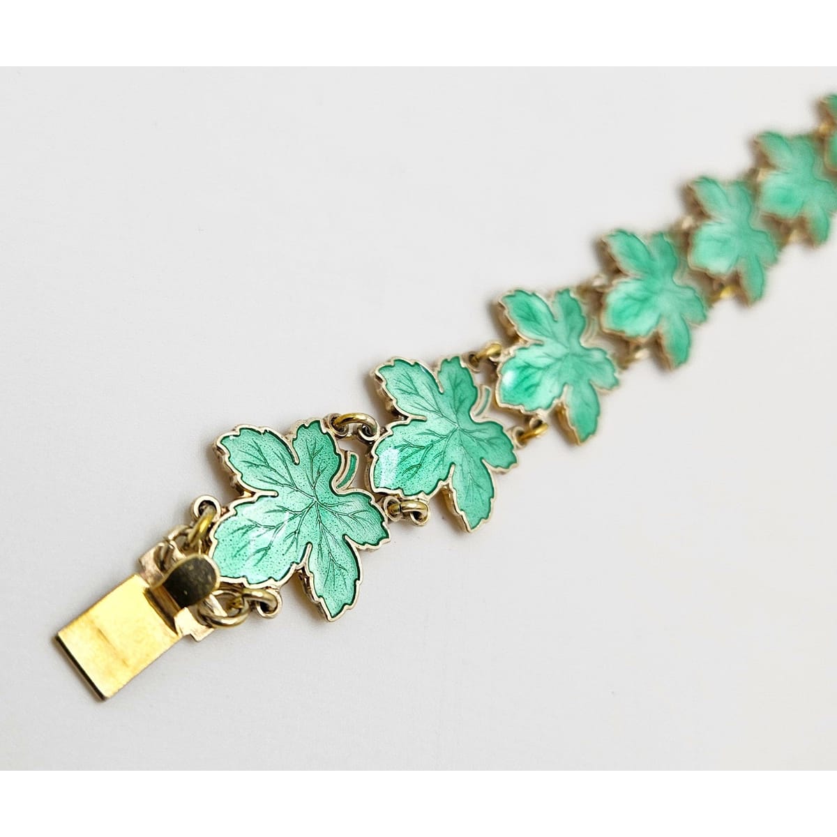 Meka Jewelry Meka Denmark Sterling + Green Enamel Maple Leaves Bracelet 1950s