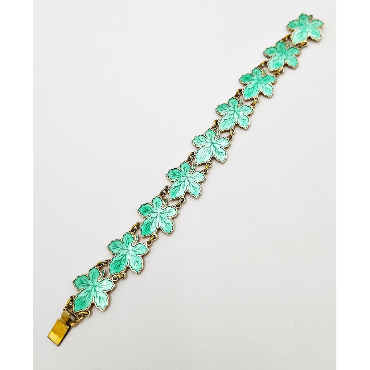 Meka Jewelry Meka Denmark Sterling + Green Enamel Maple Leaves Bracelet 1950s