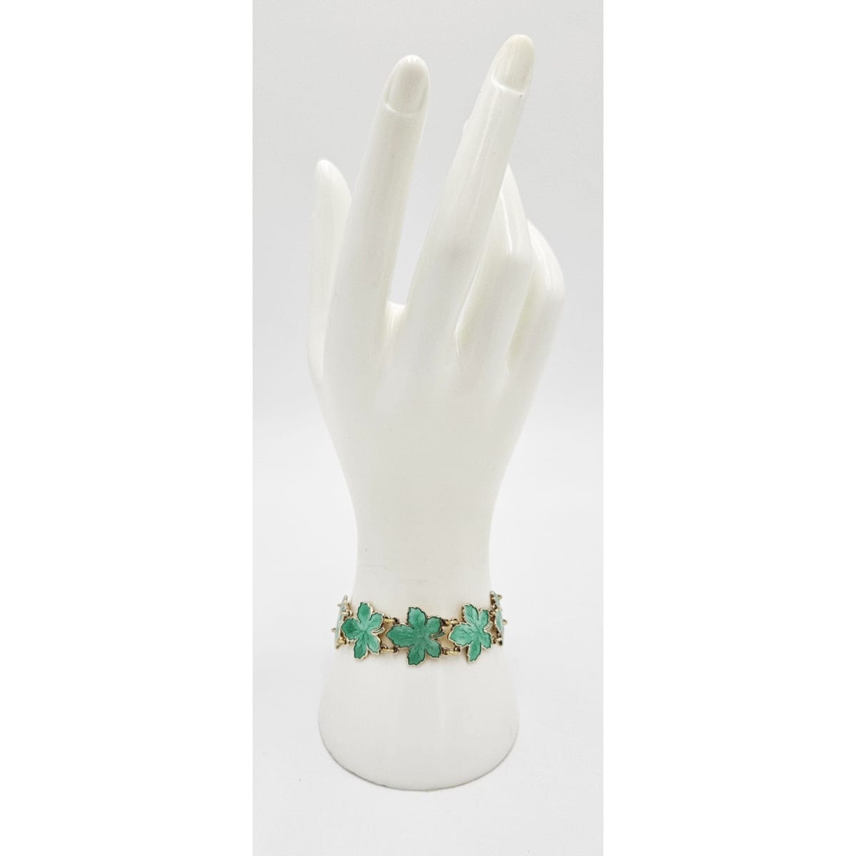 Meka Jewelry Meka Denmark Sterling + Green Enamel Maple Leaves Bracelet 1950s