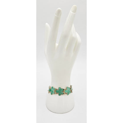Meka Jewelry Meka Denmark Sterling + Green Enamel Maple Leaves Bracelet 1950s