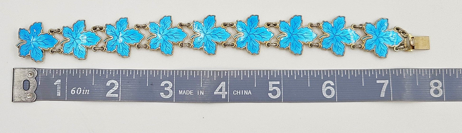 Meka Jewelry Meka Denmark Sterling + Turquoise Blue Enamel Maple Leaves Bracelet 1950s