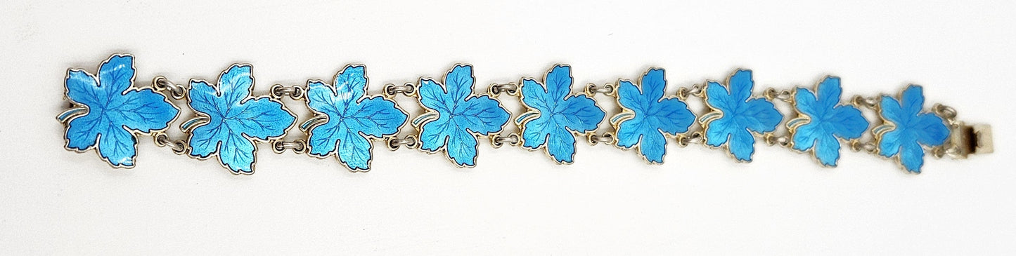 Meka Jewelry Meka Denmark Sterling + Turquoise Blue Enamel Maple Leaves Bracelet 1950s