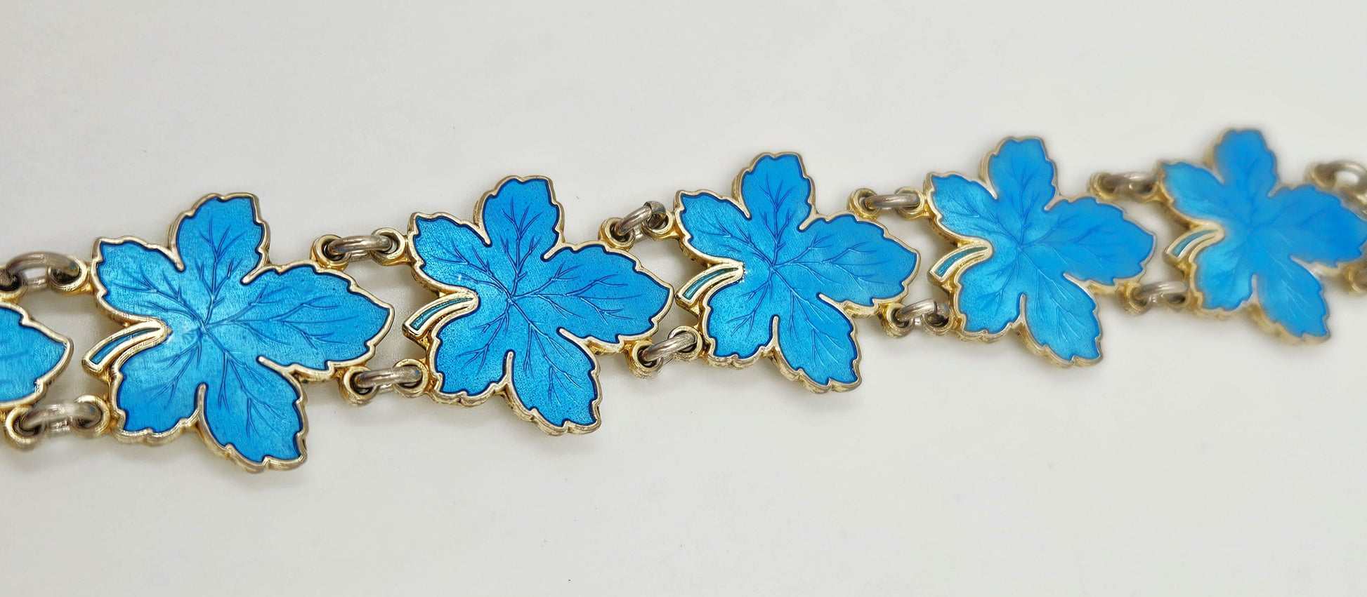 Meka Jewelry Meka Denmark Sterling + Turquoise Blue Enamel Maple Leaves Bracelet 1950s