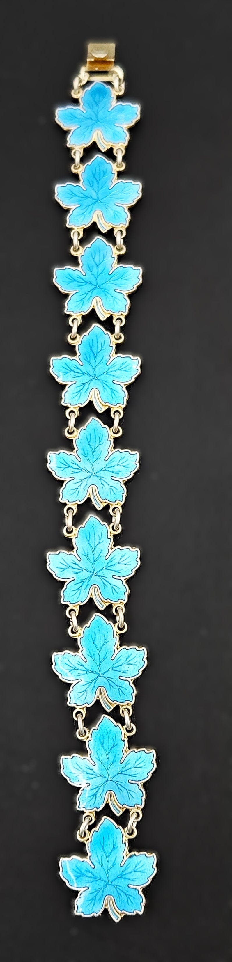 Meka Jewelry Meka Denmark Sterling + Turquoise Blue Enamel Maple Leaves Bracelet 1950s