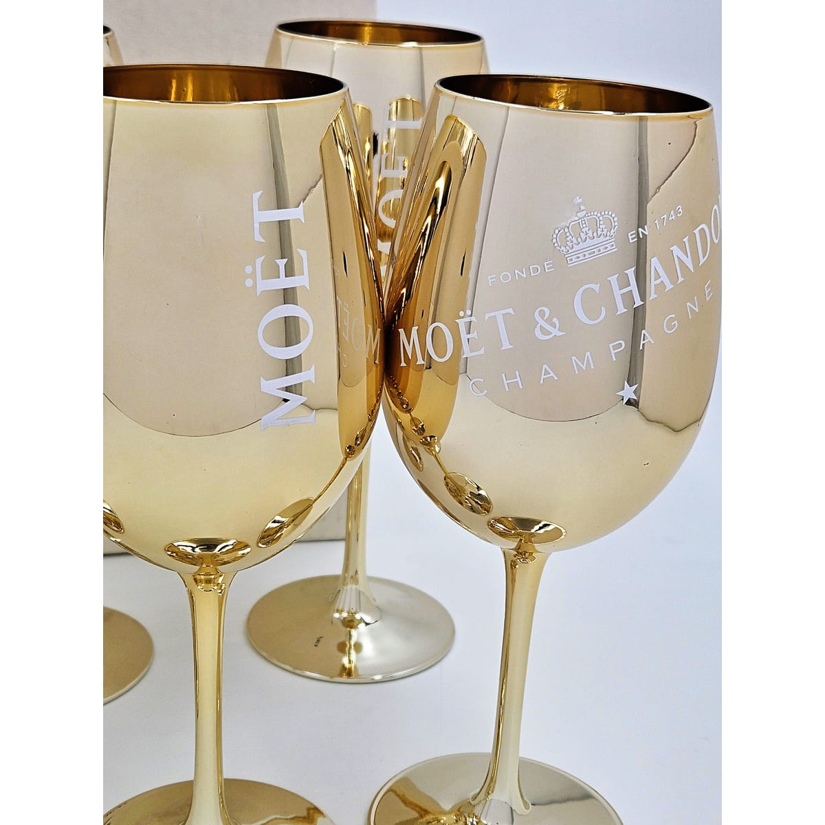 Moet Chandon Barware NOS Gold Crystal Glass Moët &amp; Chandon Wine Water Champagne Goblets IOB