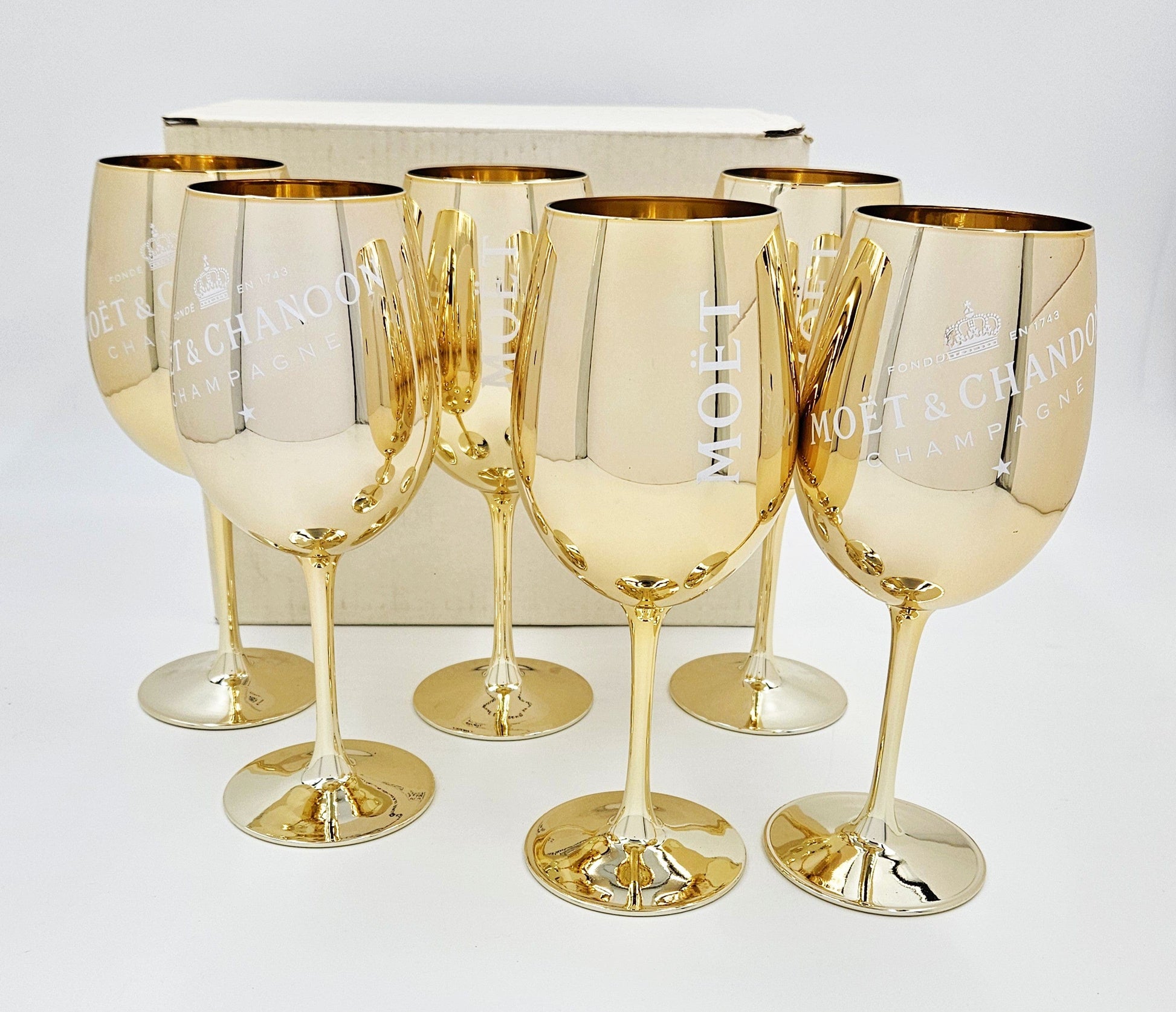 Moet Chandon Barware NOS Gold Crystal Glass Moët & Chandon Wine Water Champagne Goblets IOB