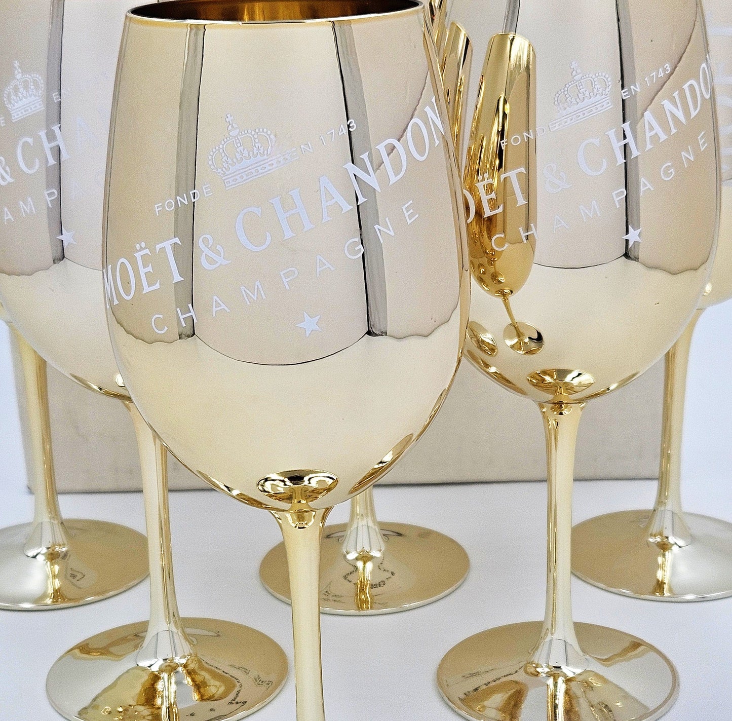 Moet Chandon Barware NOS Gold Crystal Glass Moët & Chandon Wine Water Champagne Goblets IOB