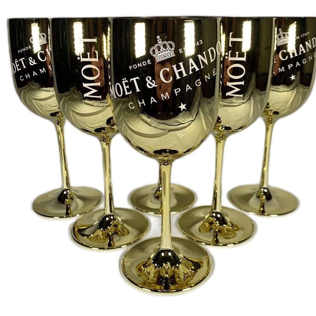 Moet Chandon Barware NOS Gold Crystal Glass Moët &amp; Chandon Wine Water Champagne Goblets IOB
