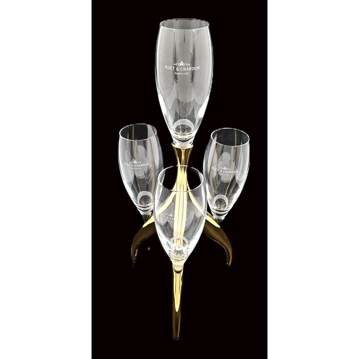 Moet Chandon Barware Rare Moët Chandon Philippe Di Meo Crystal Flutes Candelabra Stand Set 1990s