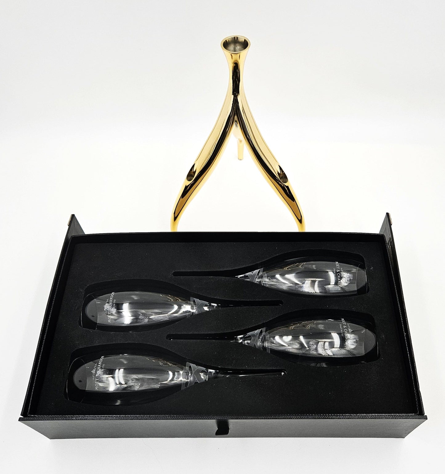 Moet Chandon Barware Rare Moët Chandon Philippe Di Meo Crystal Flutes Candelabra Stand Set 1990s