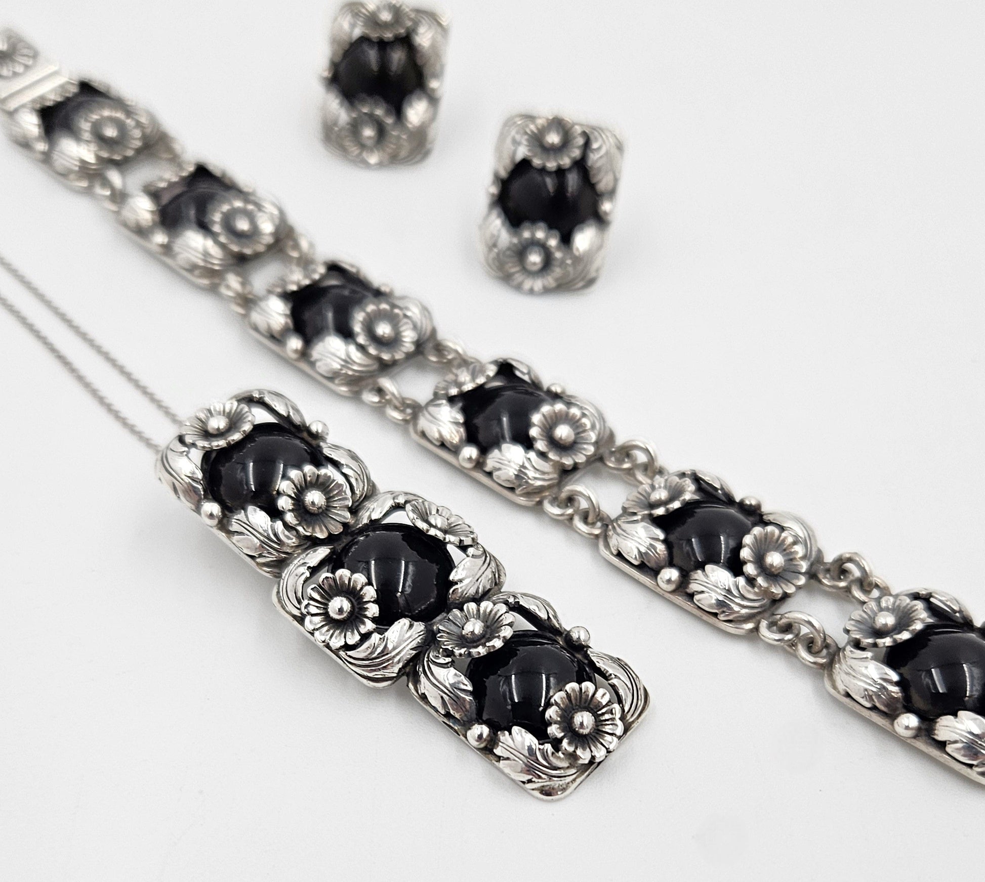 Niels Erik From Jewelry Danish NE From Sterling & Black Onyx Flora Fauna Demi Parure Set 1940s