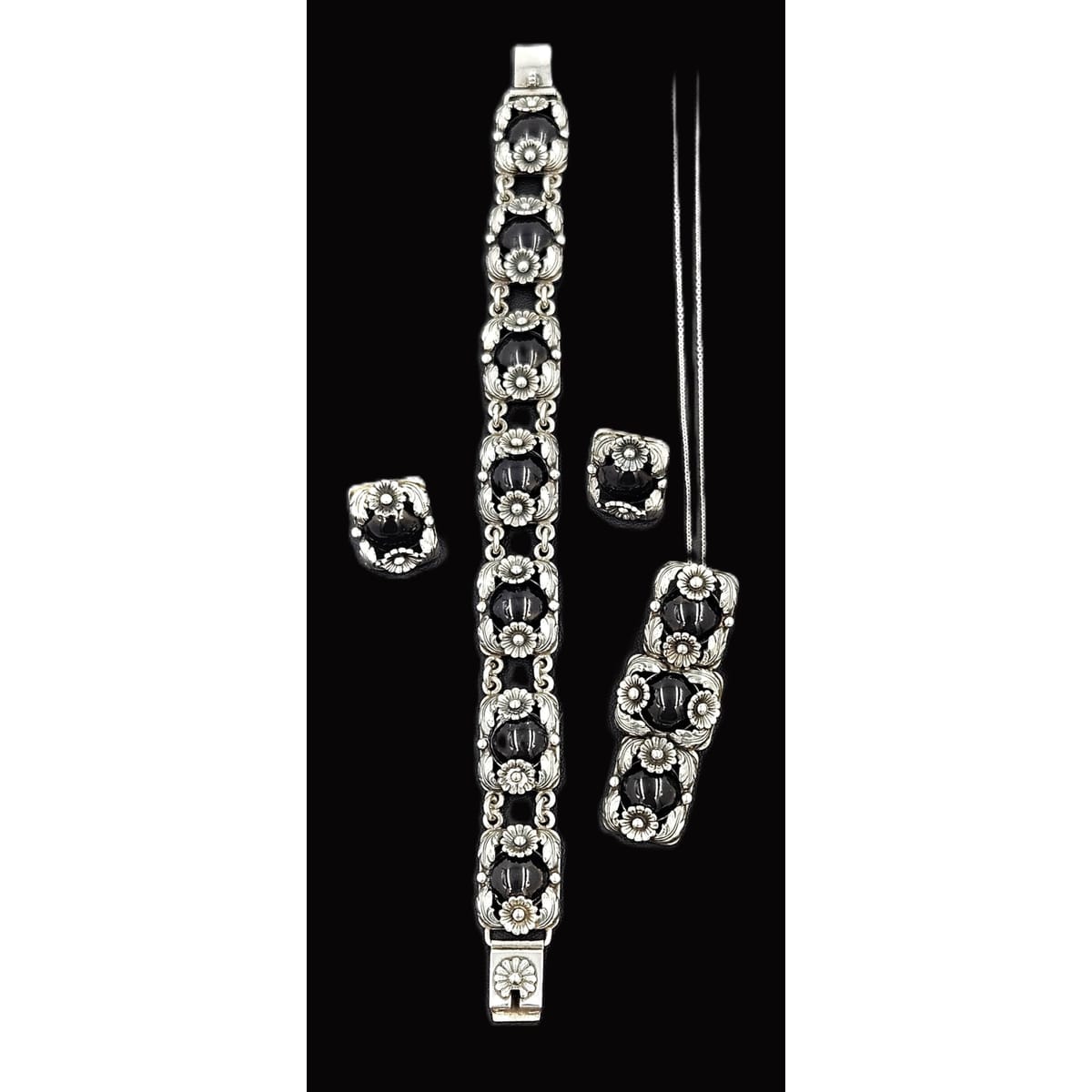 Niels Erik From Jewelry Danish NE From Sterling &amp; Black Onyx Flora Fauna Demi Parure Set C. 1940s