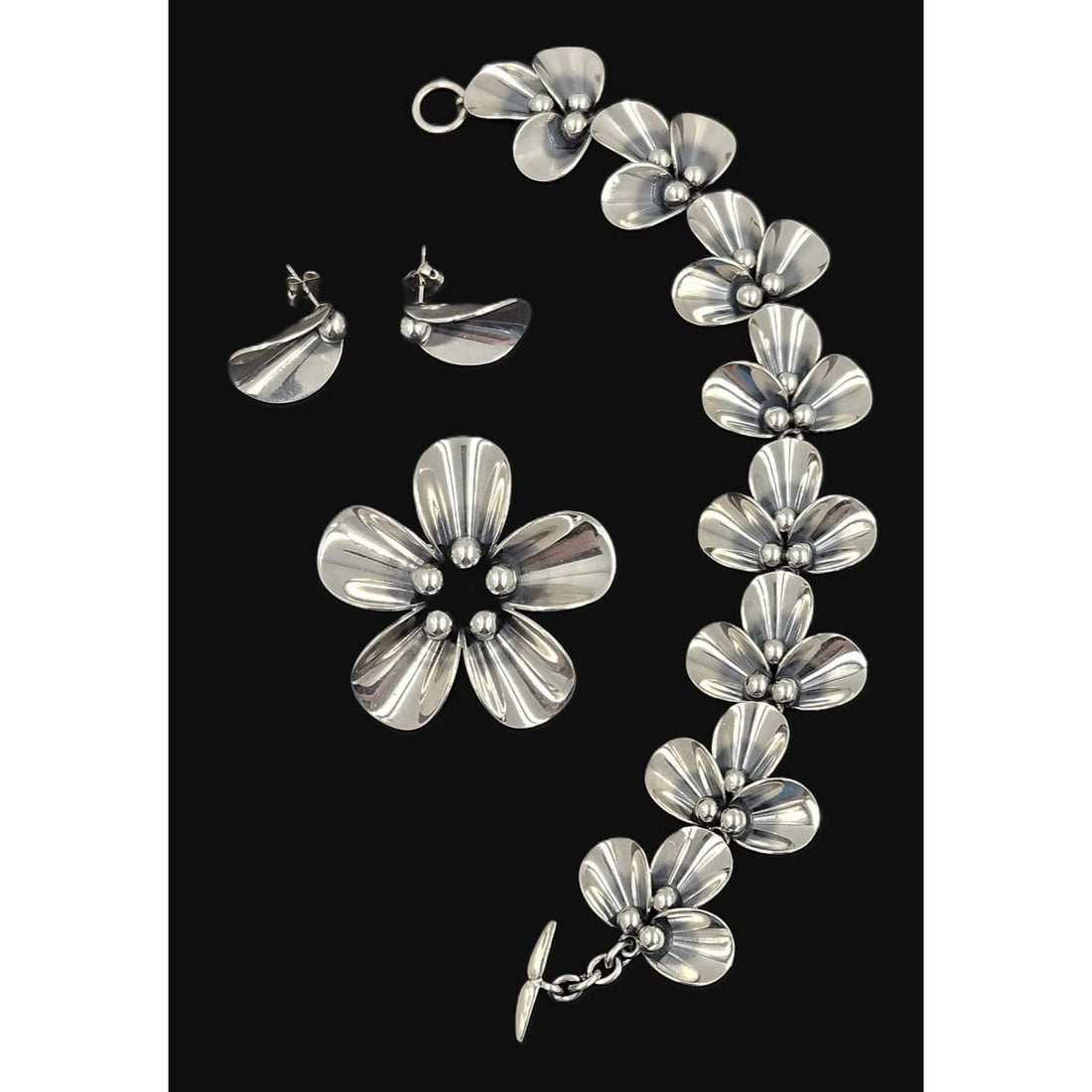 Niels Erik From Jewelry Danish NE From Sterling Modernist Flowers Demi Parure Set C. 1950s