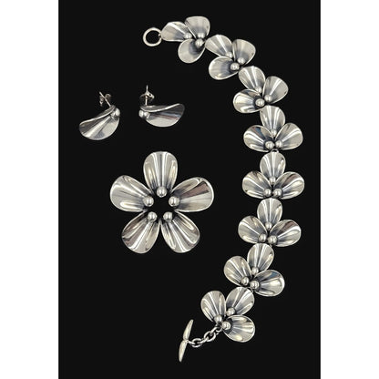 Niels Erik From Jewelry Danish NE From Sterling Modernist Flowers Demi Parure Set C. 1950s