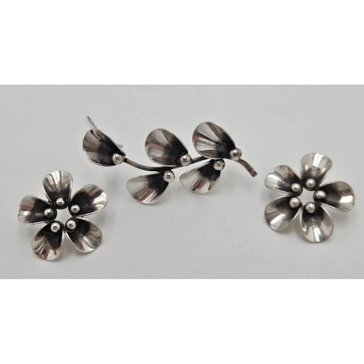 Niels Erik From Jewelry **Danish Niels Erik From Sterling Modernist Flowers Demi Parure Set C. 1940/50s