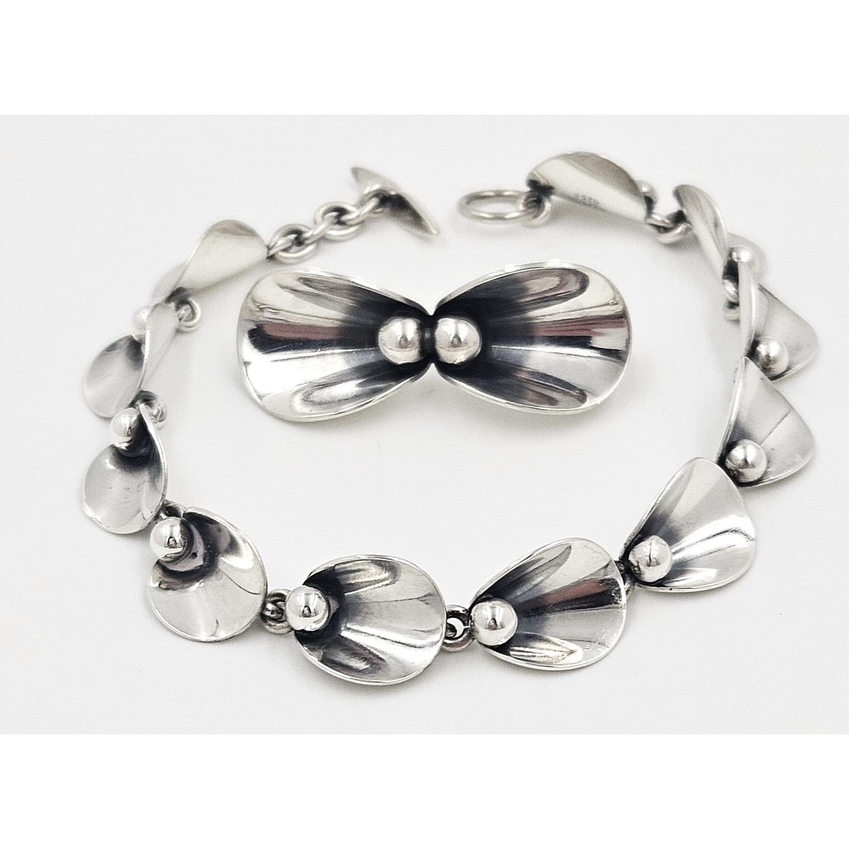 Niels Erik From Jewelry Denmark Niels Erik From Sterling Modernist Floral Link Bracelet Brooch Set 1950s