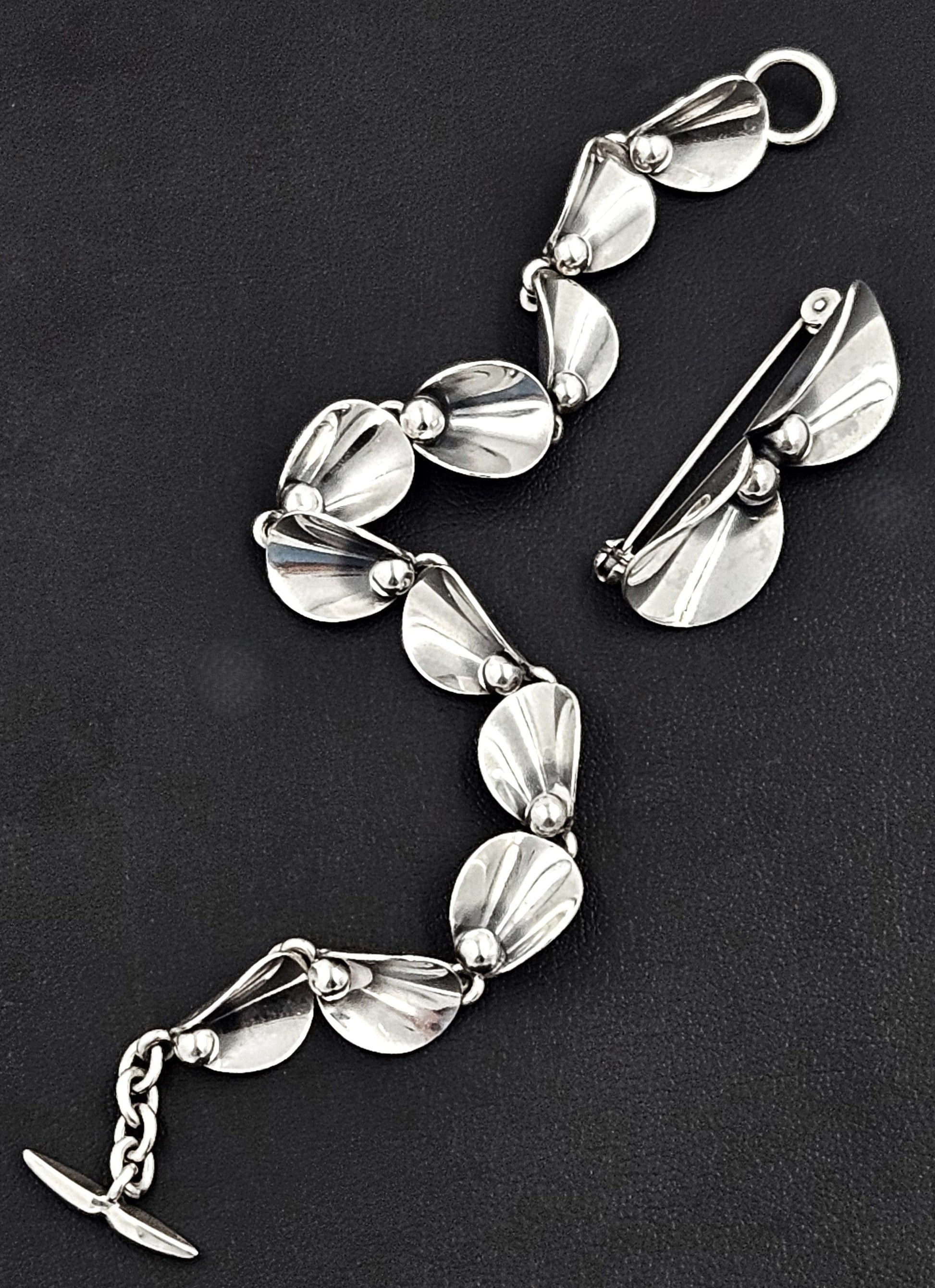 Niels Erik From Jewelry Denmark Niels Erik From Sterling Modernist Floral Link Bracelet Brooch Set 1950s