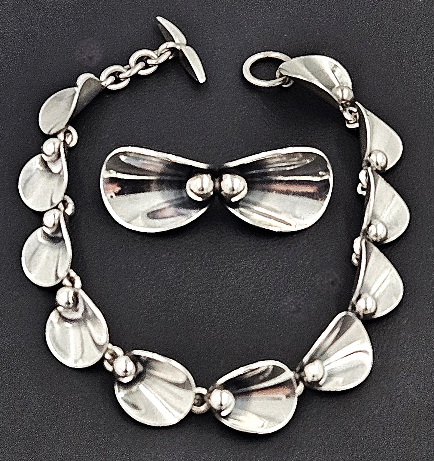 Niels Erik From Jewelry Denmark Niels Erik From Sterling Modernist Floral Link Bracelet Brooch Set 1950s