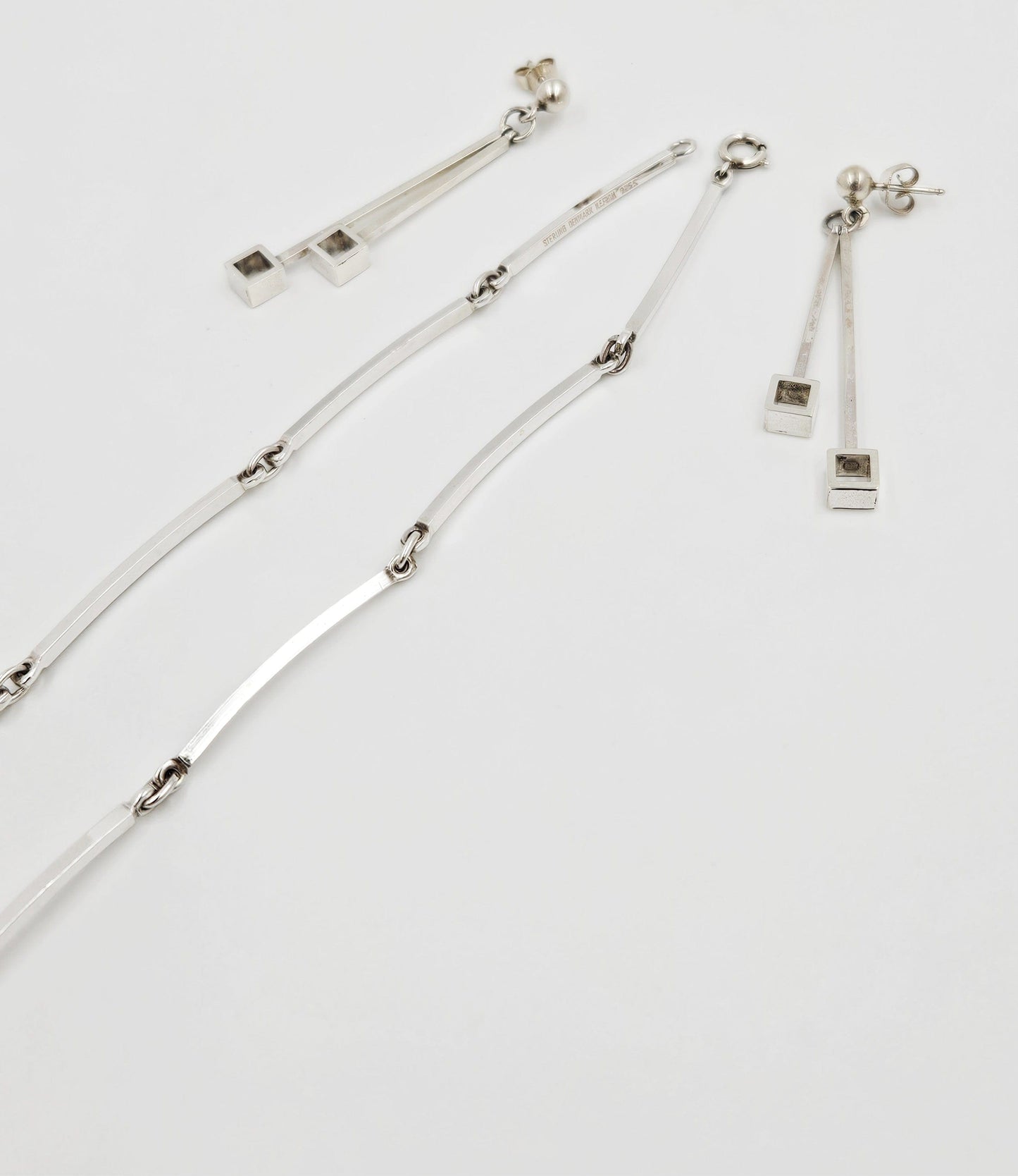 Niels Erik From Jewelry NE From Denmark Sterling Modernist Bar Link Earrings & Necklace Set 1960s