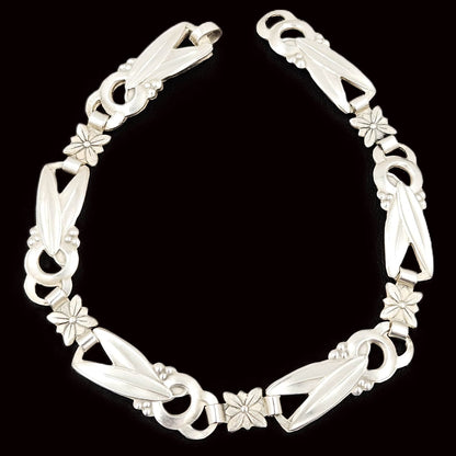 OHC Sterling Jewelry Mid Century Modern Signed 930 Sterling Art Deco Floral Design Links Bracelet