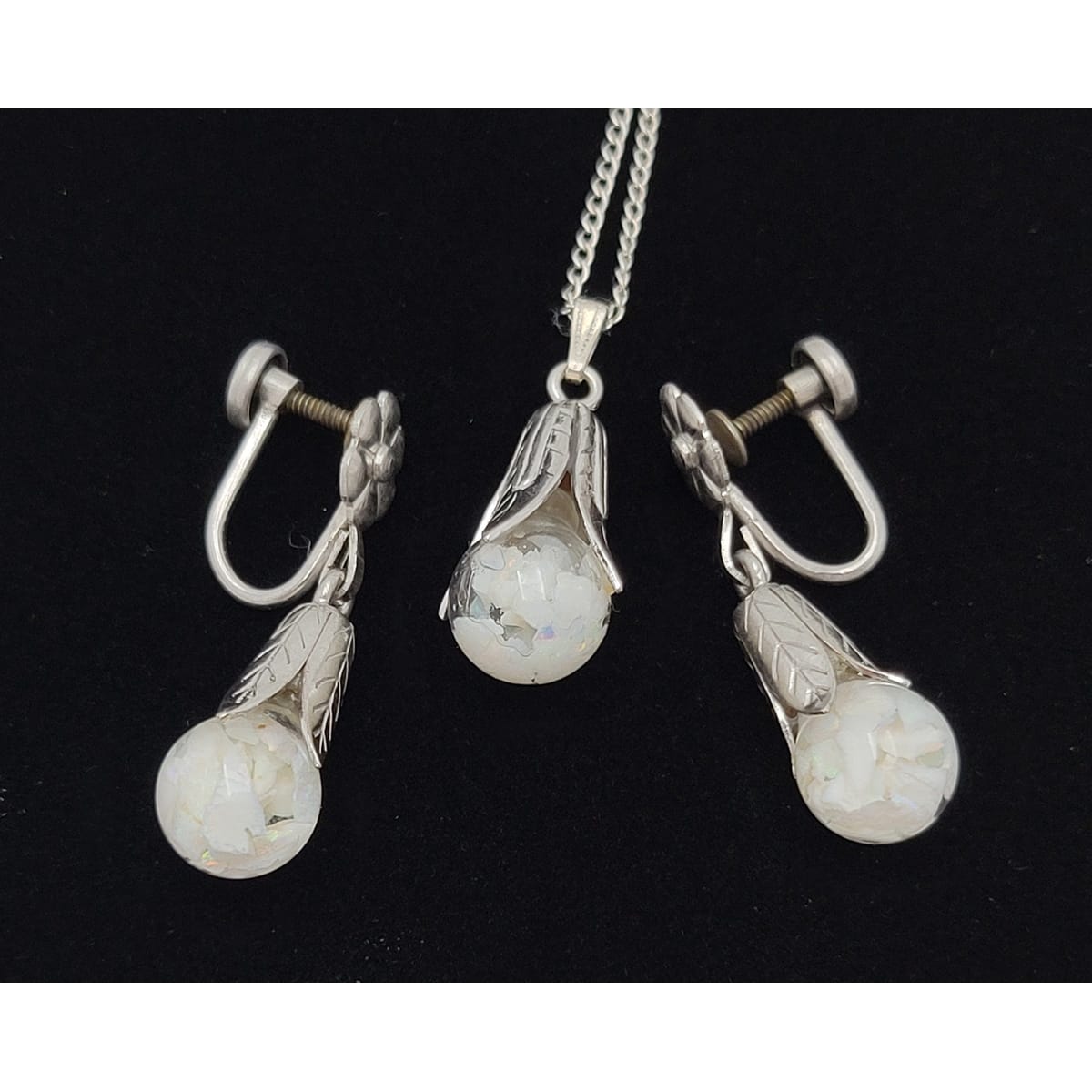 Opalite Sterling Jewelry Opalite Sterling Floating Opals Art Deco Flowers Necklace Earrings Set 1950s