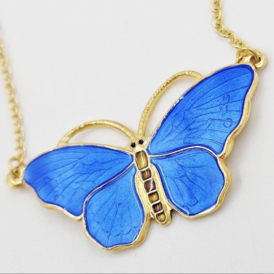 OPRO Jewelry OPRO Norway Gilt Sterling &amp; Enamel Butterfly Pendant Necklace Circa 1950s