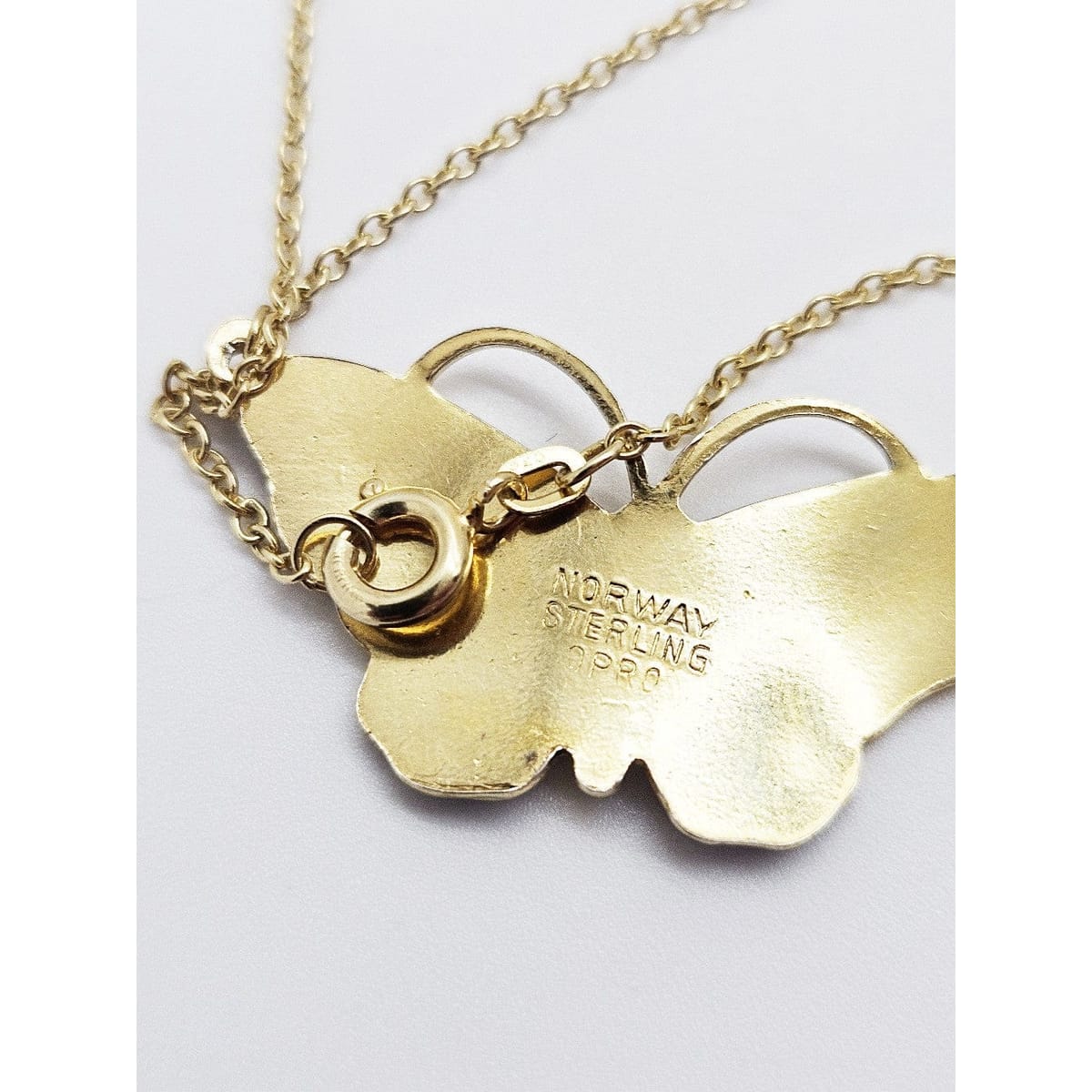 OPRO Jewelry OPRO Norway Gilt Sterling &amp; Enamel Butterfly Pendant Necklace Circa 1950s