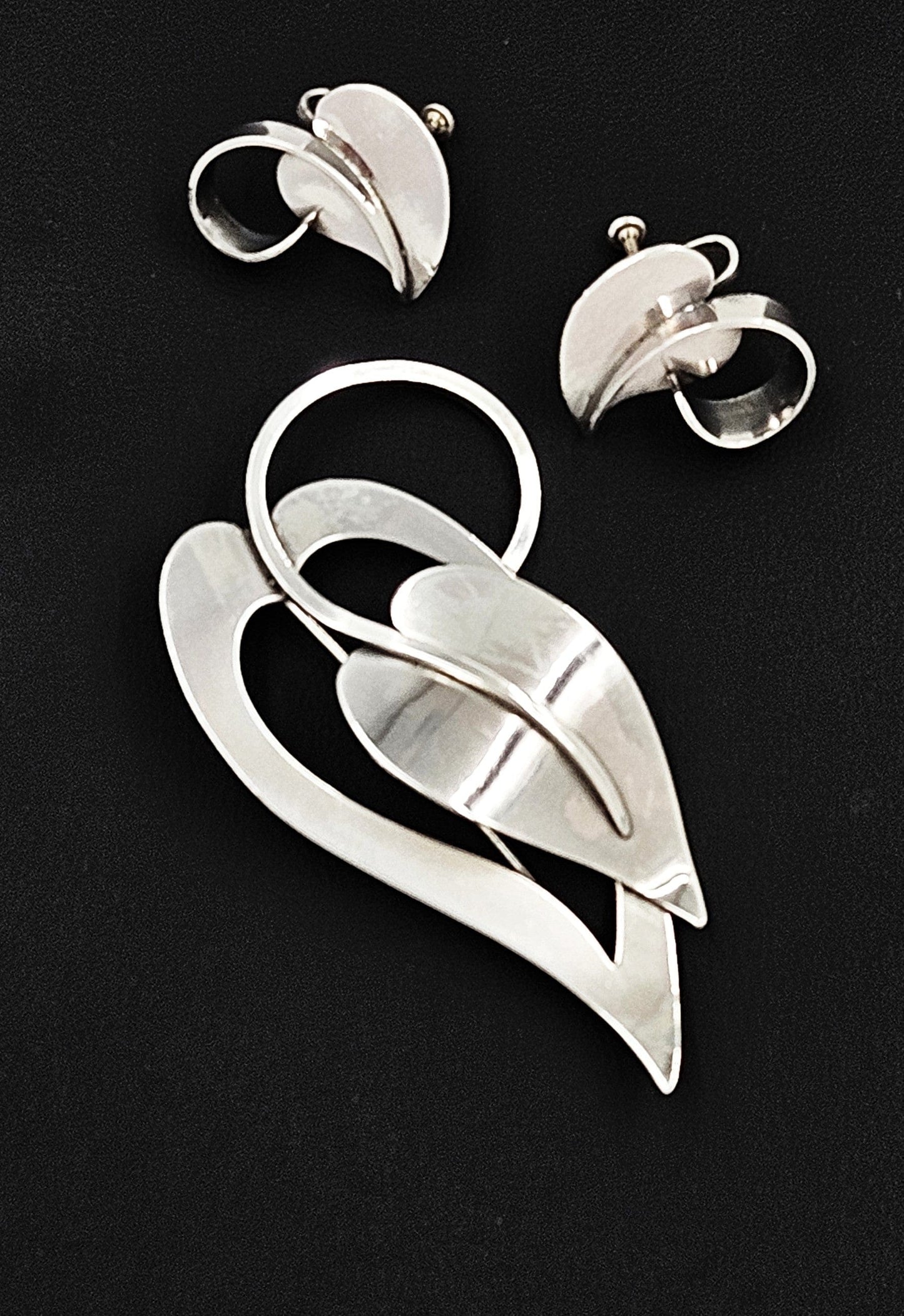 Paul Lobel Jewelry Rare NY Designer Paul Lobel Sterling Modernist Earrings & Brooch Set 1950s