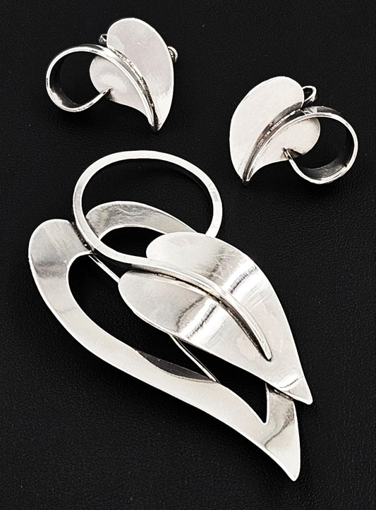 Paul Lobel Jewelry Rare NY Designer Paul Lobel Sterling Modernist Earrings & Brooch Set 1950s