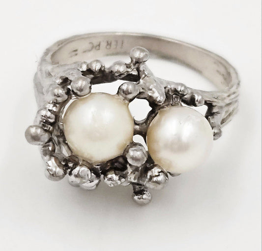 PC Jewelry Vintage Designer PC Sterling Silver & Pearl Brutalist Cocktail Ring