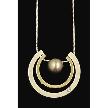 PM Jewelry Designer Signed 925 10K Silver Diamond &amp; Pearl Pendant Necklace