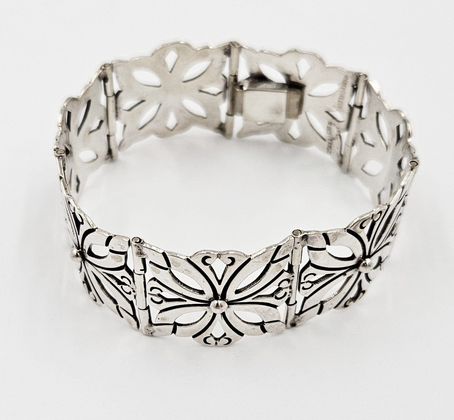 Rancho Alegre Jewelry Rancho Alegre Taxco Sterling Silver Repousse Panel Link Bracelet C. 1950s