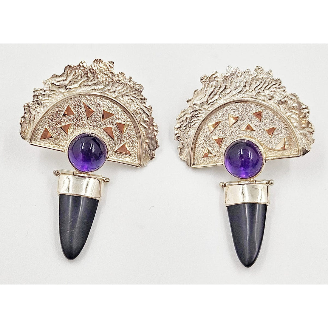 RS Artisan Earrings Jewelry Artisan Signed Sterling - 14K Gold - Amethyst - Onyx Modernist Dangle Earrings