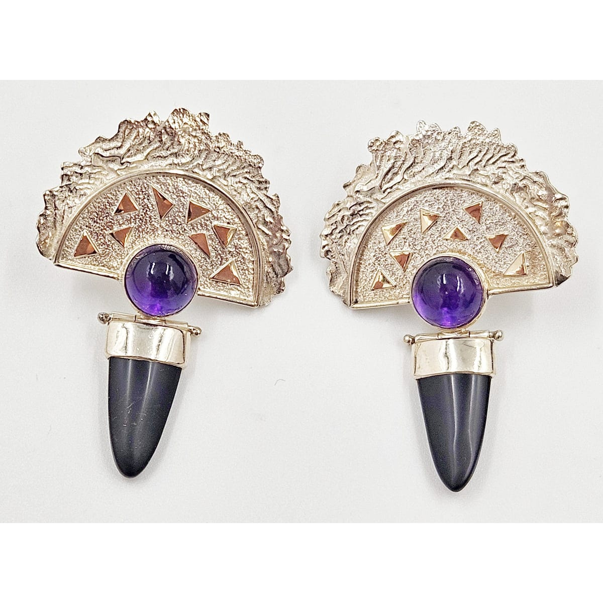 RS Artisan Earrings Jewelry Artisan Signed Sterling - 14K Gold - Amethyst - Onyx Modernist Dangle Earrings