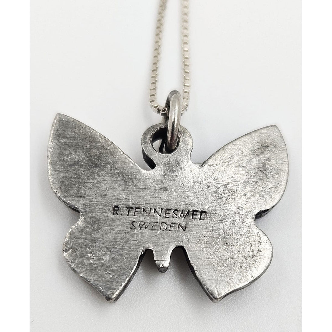 Rune Tennesmed Jewelry Swedish Rune Tennesmed Pewter Butterfly Pendant Sterling Necklace C. 1960&