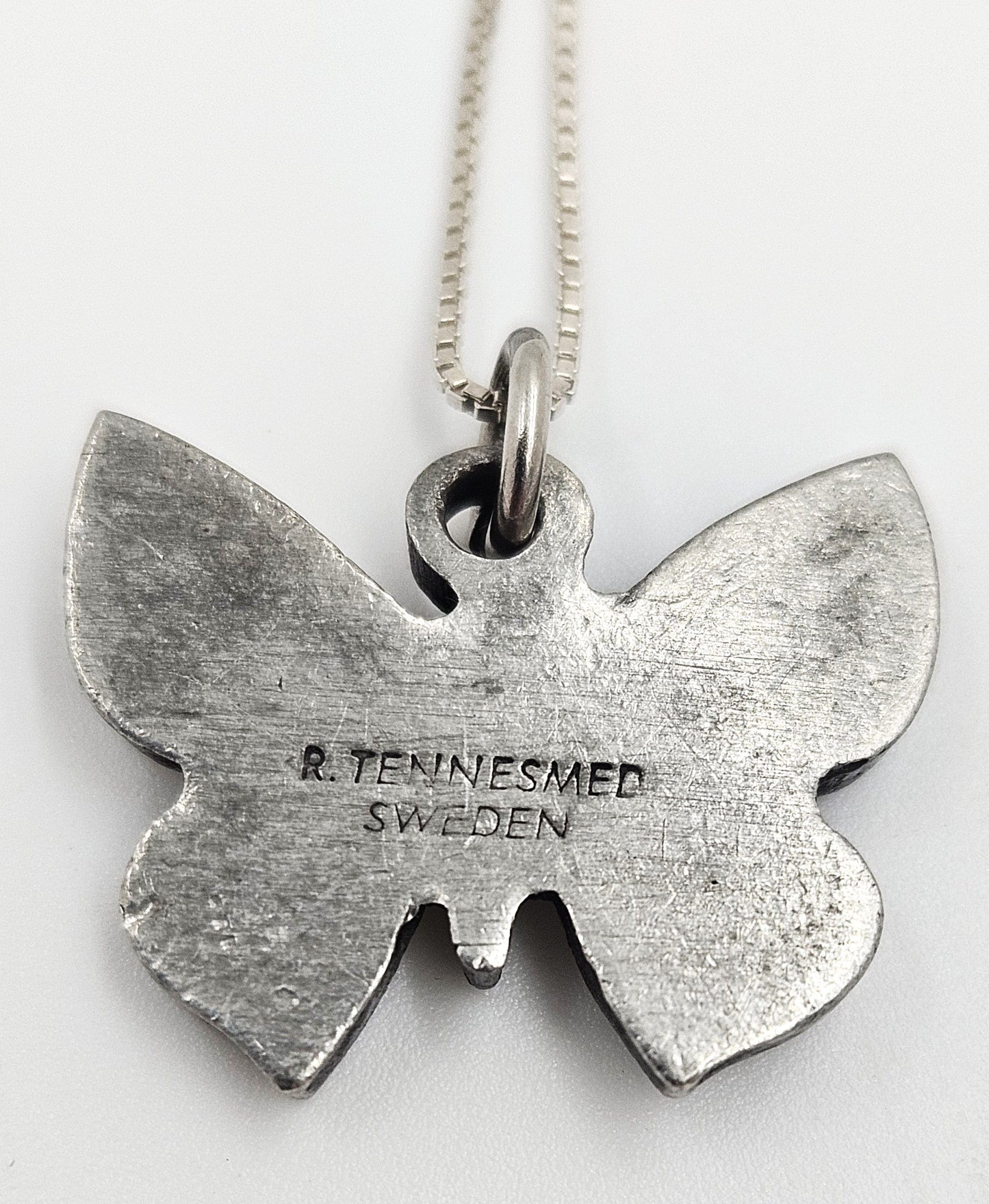 Rune Tennesmed Jewelry Swedish Rune Tennesmed Pewter Butterfly Pendant Sterling Necklace C. 1960's