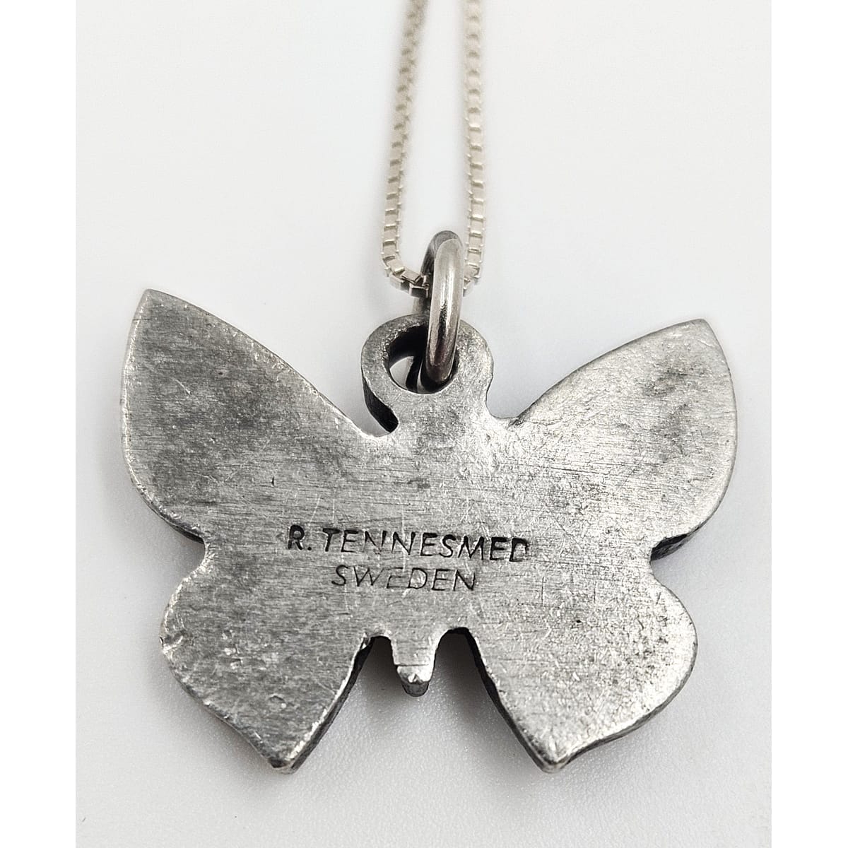 Rune Tennesmed Jewelry Swedish Rune Tennesmed Pewter Butterfly Pendant Sterling Necklace C. 1960&