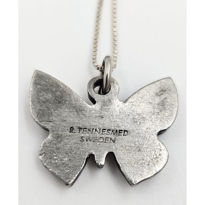 Rune Tennesmed Jewelry Swedish Rune Tennesmed Pewter Butterfly Pendant Sterling Necklace C. 1960&