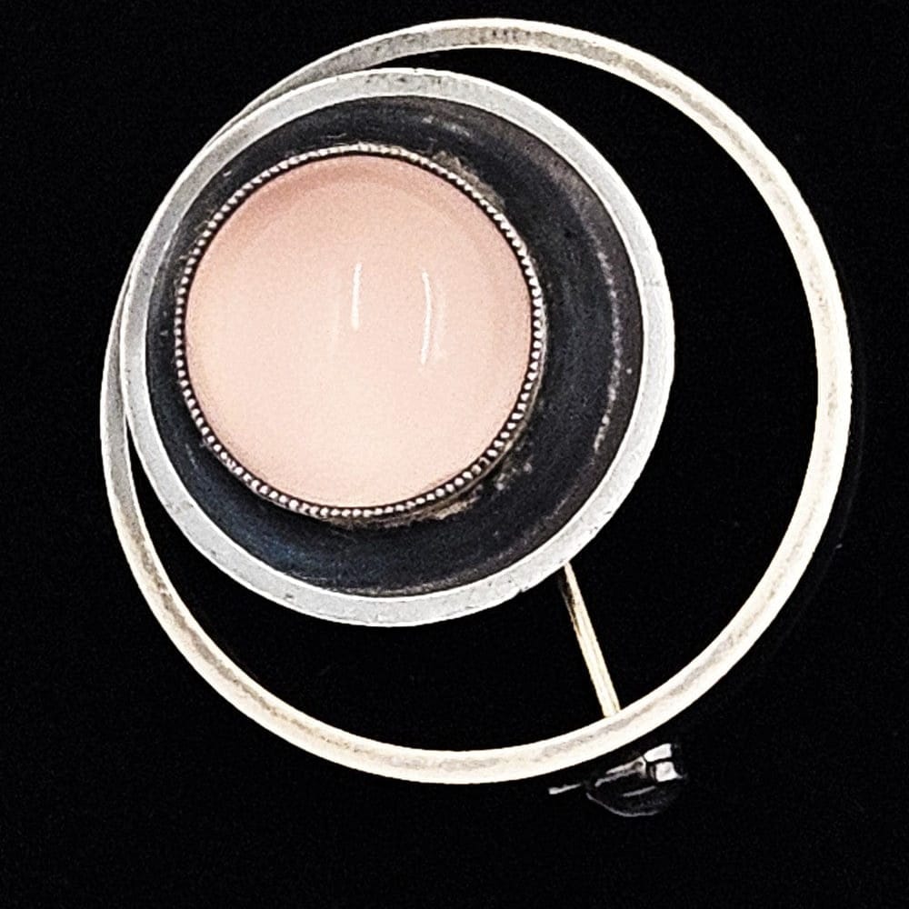 Scandinavian Silver Jewelry MCM Modernist Blackened Sterling Silver &amp; Rose Quartz Scandinavian Brooch