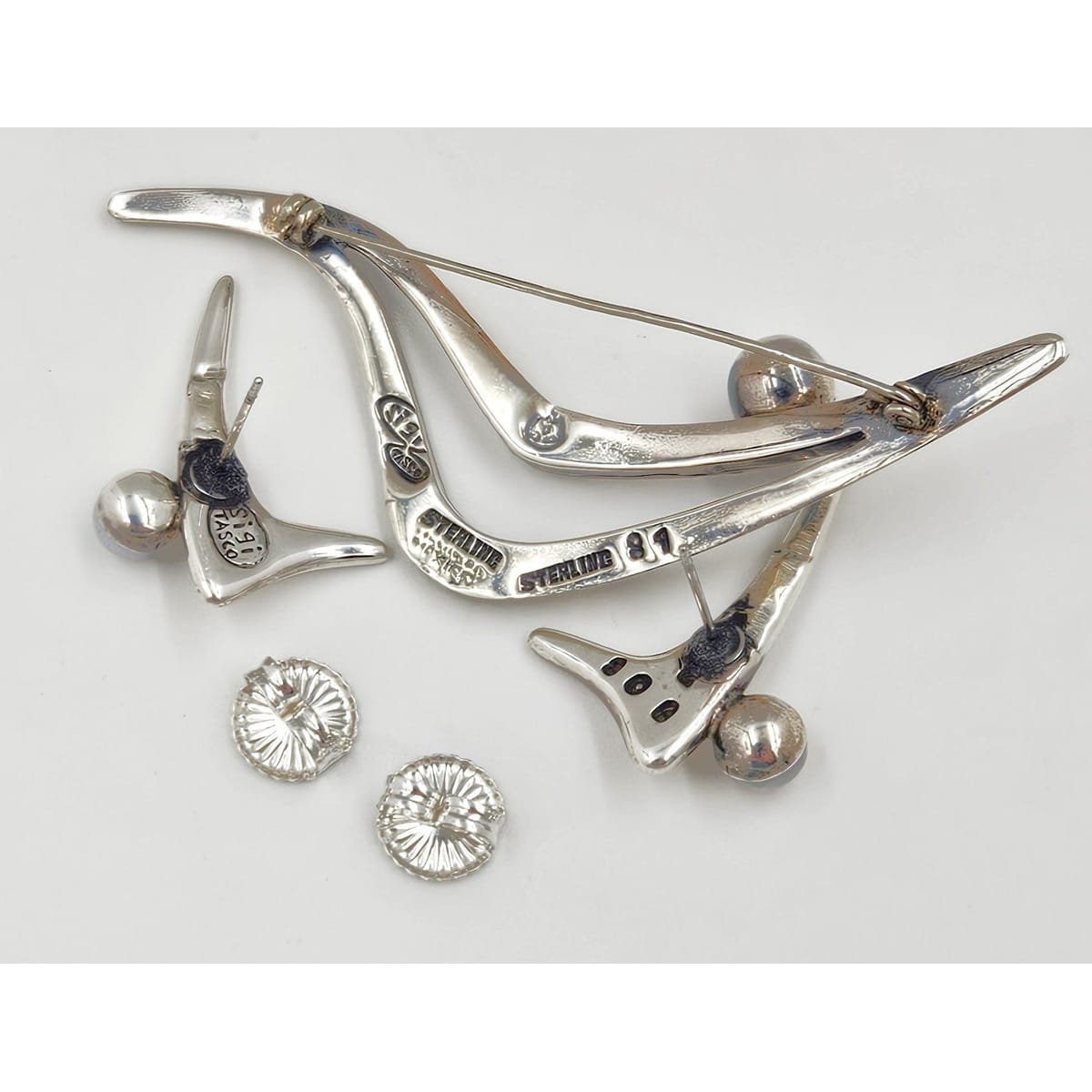 Sigi Tasco Jewelry Superb Sigi Tasco Sterling &amp; Pearl Modernist Demi Parure Set 1940s
