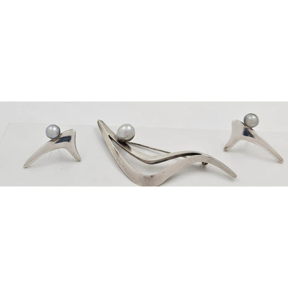 Sigi Tasco Jewelry Superb Sigi Tasco Sterling &amp; Pearl Modernist Demi Parure Set 1940s